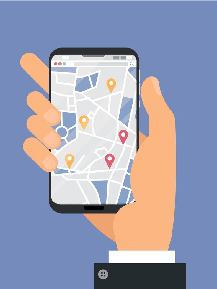 Mens hand- houdt smartphone met stad kaart GPS navigator Aan smartphone scherm. mobiel navigatie concept. modern gemakkelijk vlak ontwerp voor web spandoeken, web, infographics. vector vlak tekenfilm illustratie