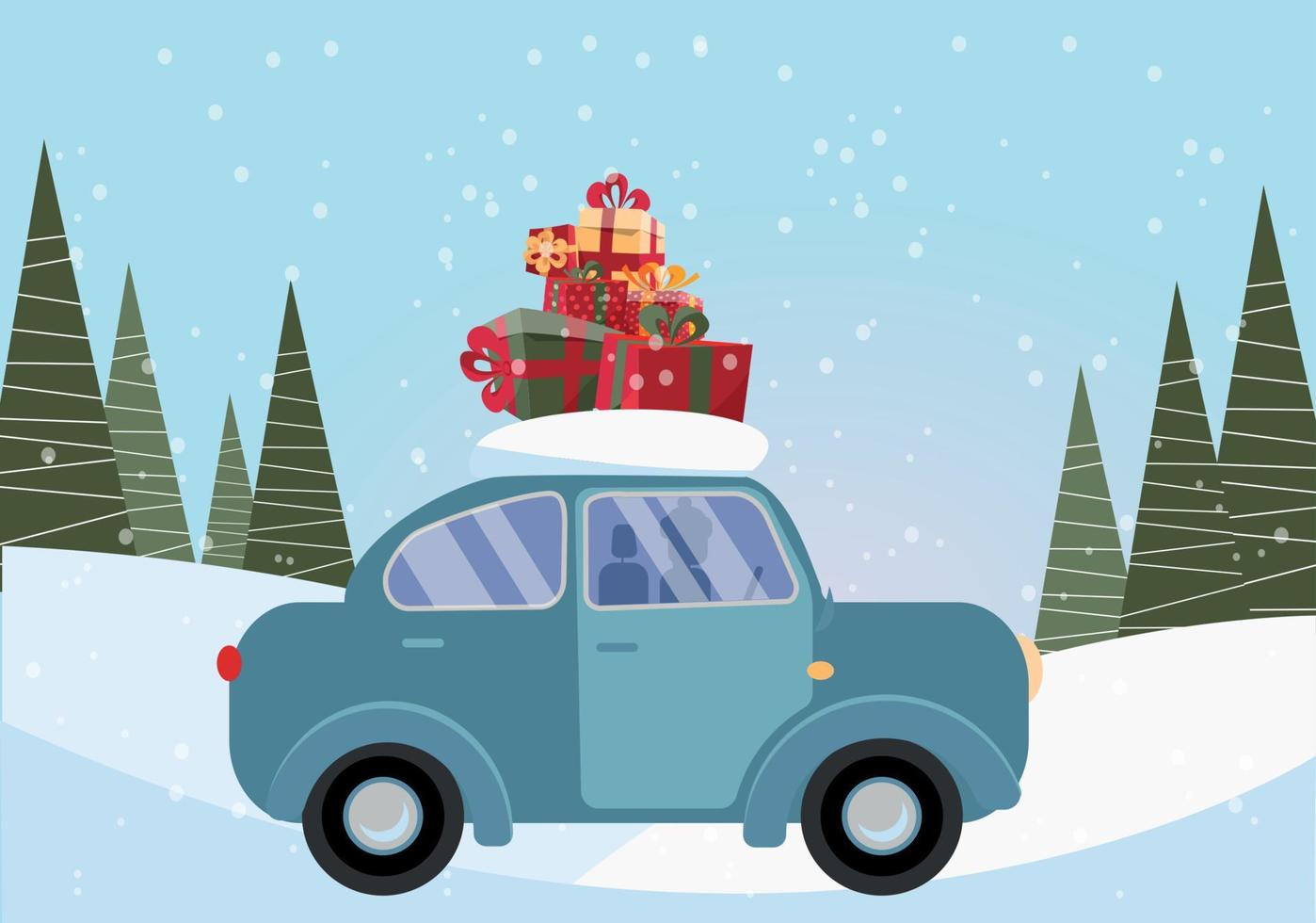 vlak vector tekenfilm illustratie van retro auto met Cadeau Aan de dak. weinig klassiek blauw auto draag- geschenk dozen Aan haar rek. voertuig auto kant visie. met sneeuw bedekt landschap met sparren en sneeuwjacht