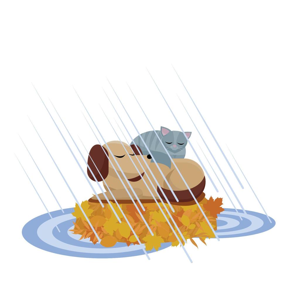 vlak tekenfilm vector illustratie kat slaapt Aan hond naar maken het warmer. lief dieren helpen naar warm elk andere in de regenen, slapen Aan geel bladeren armvol tussen de plas. herfst afbeelding met vrienden