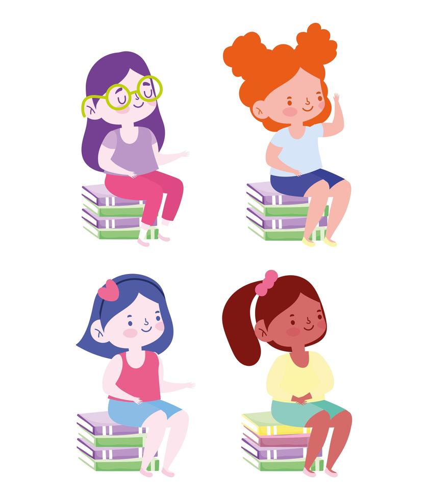 student meisjes zitten op stapels boeken avatar set vector