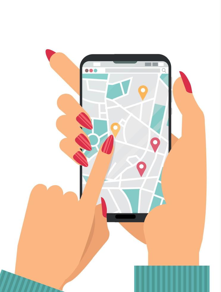 vrouw handen Holding smartphone met stad straat kaart Aan scherm. online autorijden concept. vinger persen geolocatie knop. GPS navigator. mobiel navigatie concept.flat tekenfilm vector