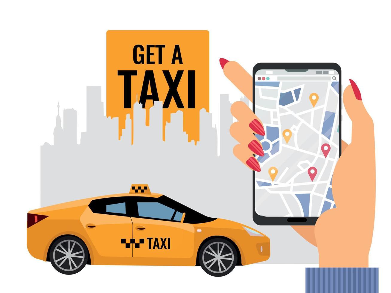 mobiel stad vervoer vector illustratie concept. online roeping een taxi met groot Dames hand- met smartphone met kaart. geel auto in voorgrond van stad silhouet. krijgen een taxi tekst