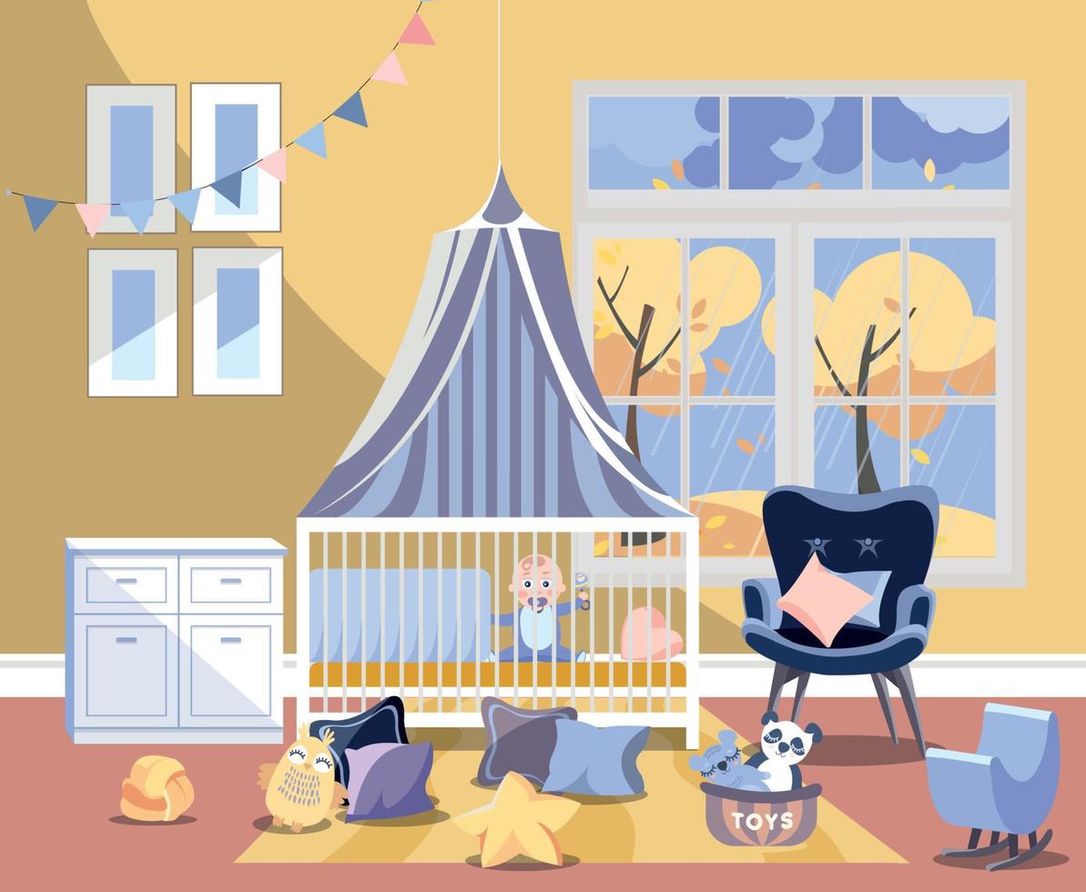 pasgeboren kind kinderkamer kamer interieur vlak vector illustratie van slaapkamer meubilair. kinderen kamer met speelgoed, borst van laden met veranderen bord, gemakkelijk stoel, bed met jongen, venster met herfst landschap