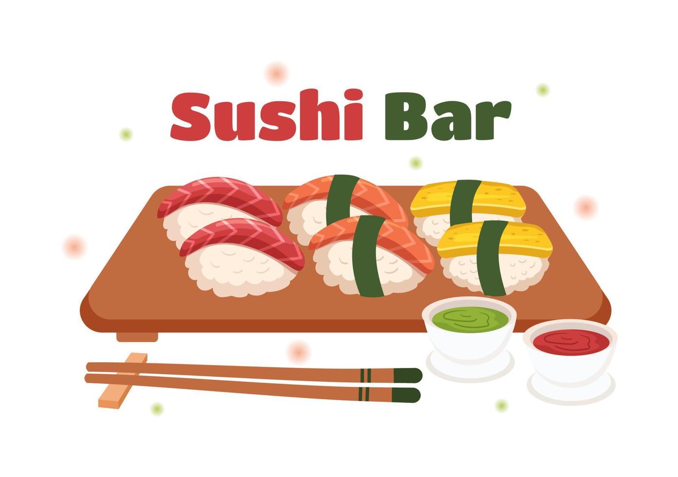 sushi bar Japan Aziatisch voedsel of restaurant van sashimi en broodjes voor aan het eten met soja saus en wasabi in sjabloon hand- getrokken tekenfilm vlak illustratie vector