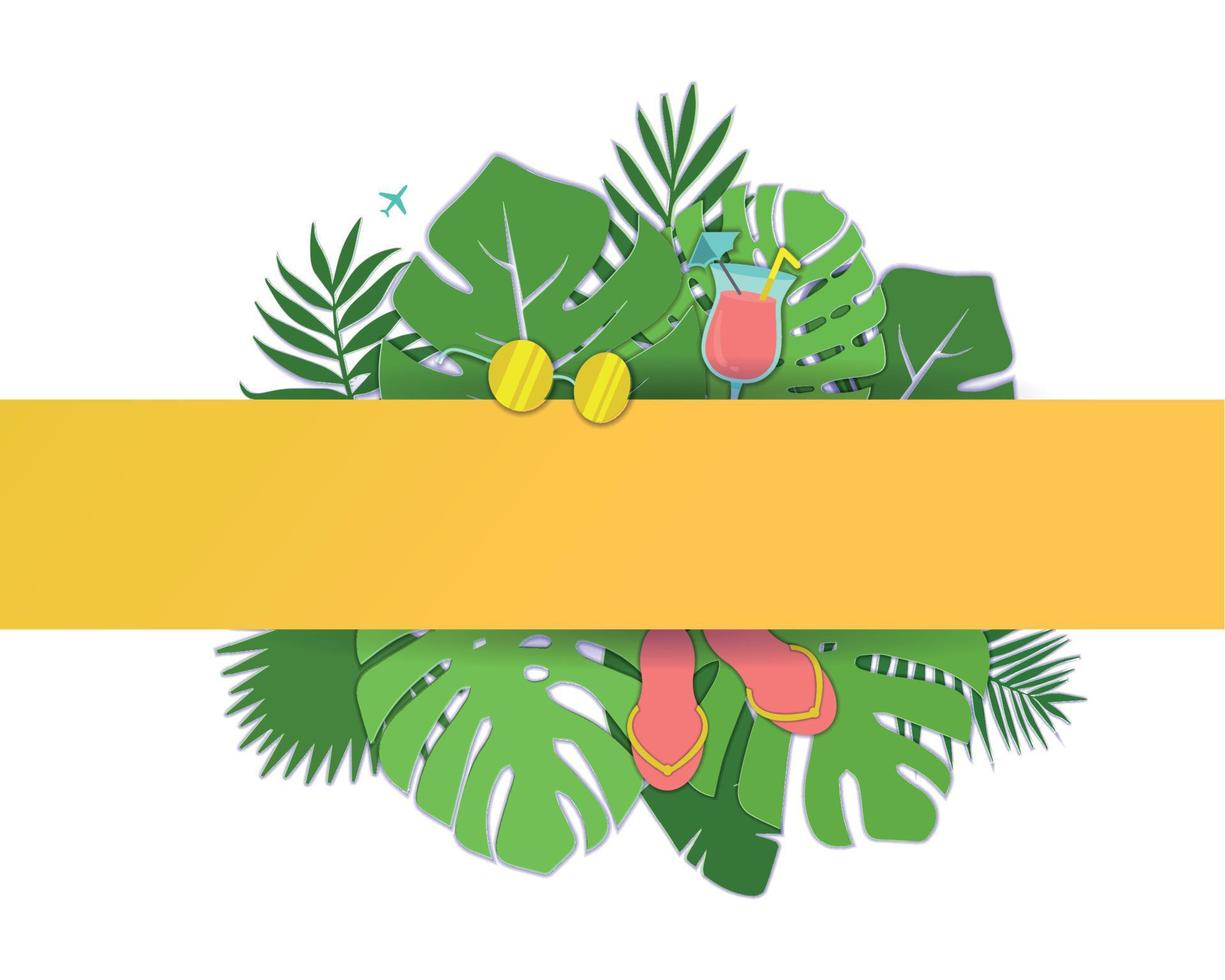 trendy zomer tropische palmbladeren, planten. papier gesneden stijl. exotische Hawaiiaanse zomer met zonnebril, cocktail en slippers. mooie gele bloemenachtergrond. monstera palm vectorillustratie vector