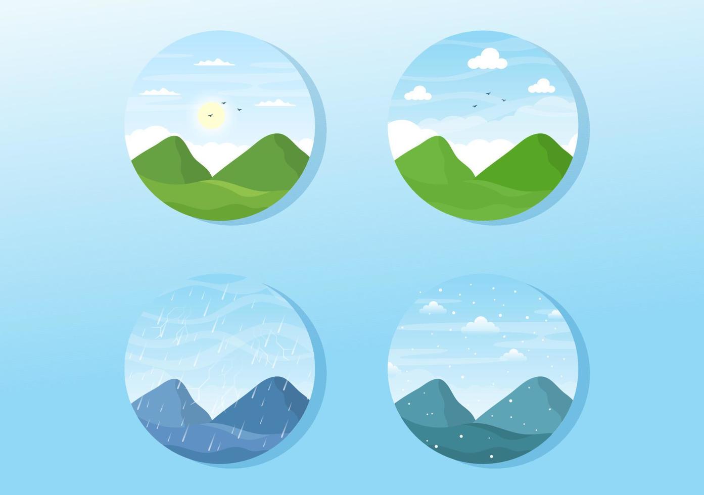 types van weer voorwaarden met zonnig, bewolkt, winderig, regenachtig, sneeuw en stormachtig in sjabloon hand- getrokken tekenfilm vlak illustratie vector