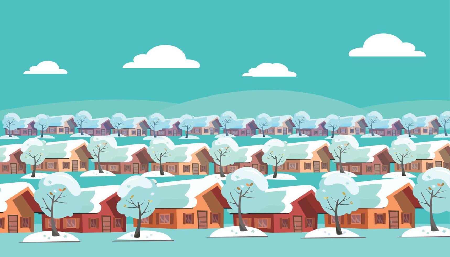 panoramisch landschap van een buitenwijk een verhaal dorp. dezelfde huizen zijn gelegen in drie rijen. Daar is winter sneeuw weer en met sneeuw bedekt bomen buiten. vlak tekenfilm stijl vector illustratie.