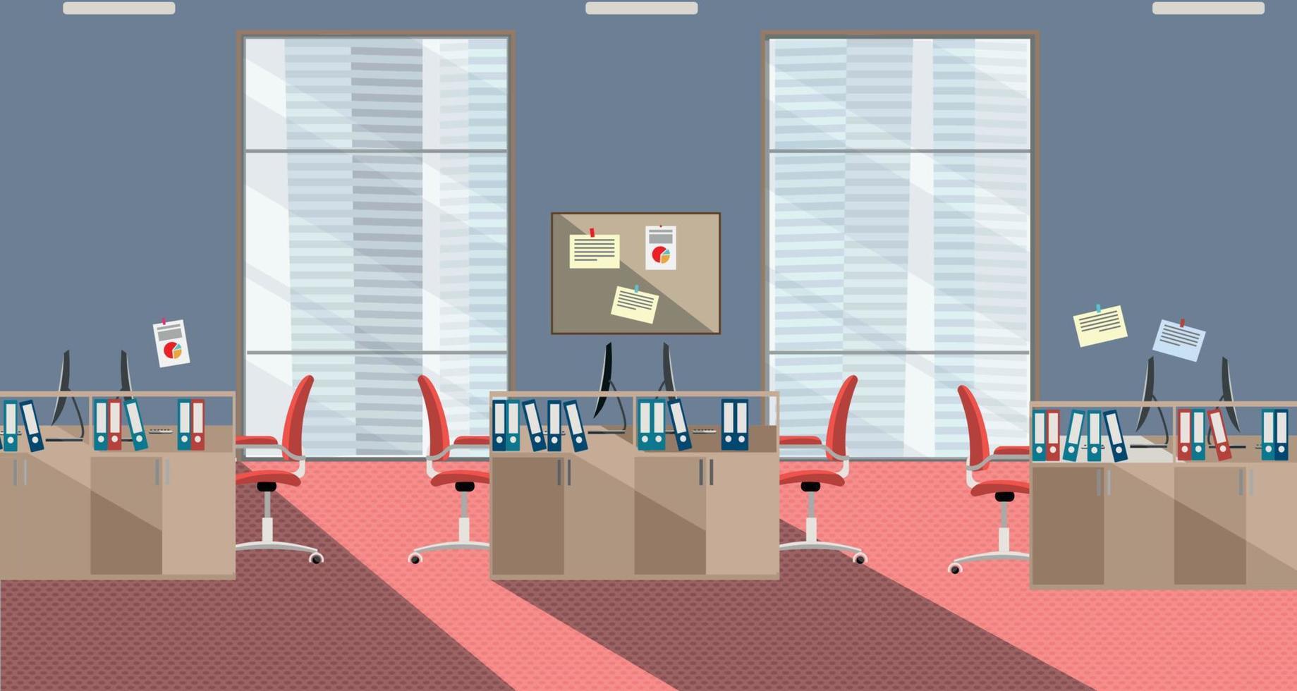 vlak illustratie van modern kantoor interieur met groot ramen in wolkenkrabber met meubilair en computers in rood en grijs kleuren. Open ruimte voor 6 mensen. bestellen Aan tafels, mappen, kladjes Aan muren vector