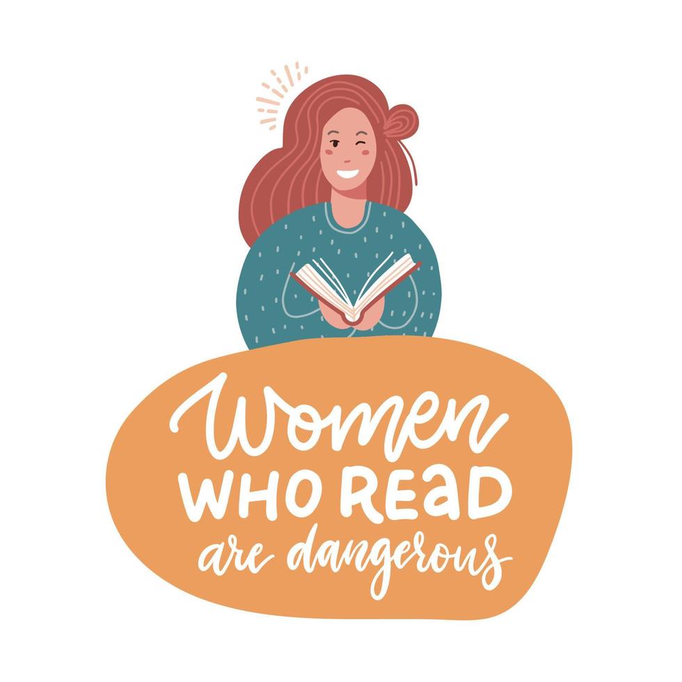 vrouw wie lezen zijn gevaarlijk - humoristisch hand- geschreven gezegde en illustratie van een meisje met boek. vector vlak illustratie met belettering citaat.