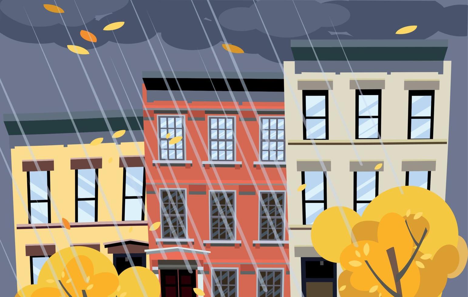 vlak tekenfilm vector illustratie van herfst regenachtig stad straat. donker wolken over- de daken van huizen, het is regenen. straat van stad- met helder kleurrijk huizen. herfst schemering in de stad achtergrond