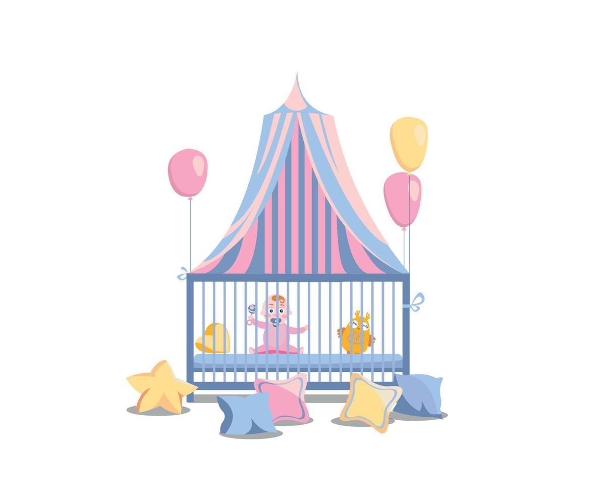 baby in een bed onder een gestreept overkapping. weinig meisje in de box, versierd met roze ballonnen en kleurrijk kussens. zijn een meisje vector vlak tekenfilm illustratie geïsoleerd in wit achtergrond