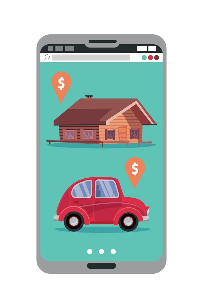 smartphone met onroerend goed en auto verkoop marktplaats toepassing met huis en klein klassiek stad auto met prijs labels. online boodschappen doen app Aan mobiel telefoon scherm.plat tekenfilm vector illustratie.