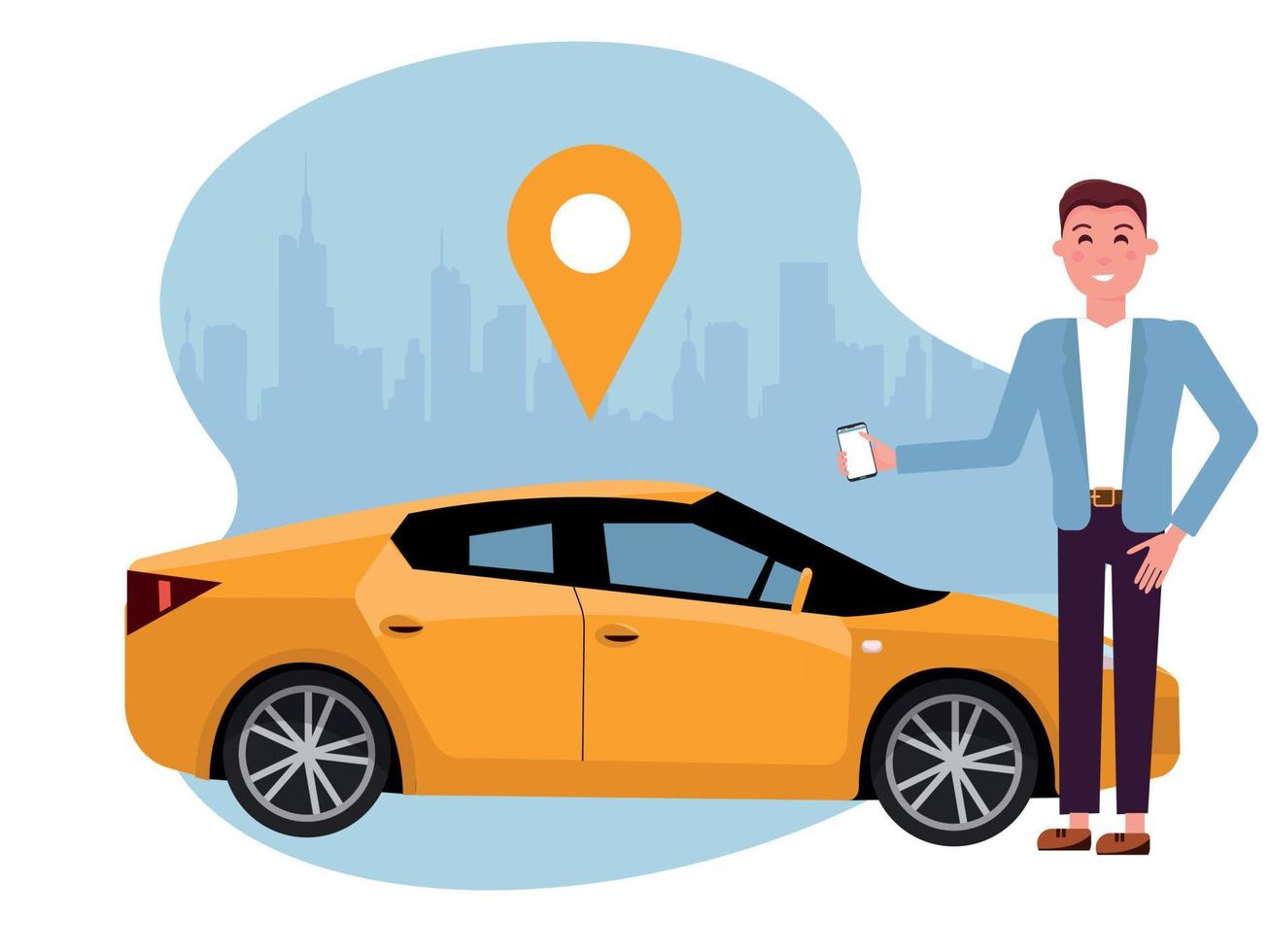 knap Mens met smartphone staand in de buurt geel auto. huur auto gebruik makend van mobiel app. online auto delen concept. voertuig Aan achtergrond van silhouet van stad en geolocatie teken.vector vlak illustratie vector