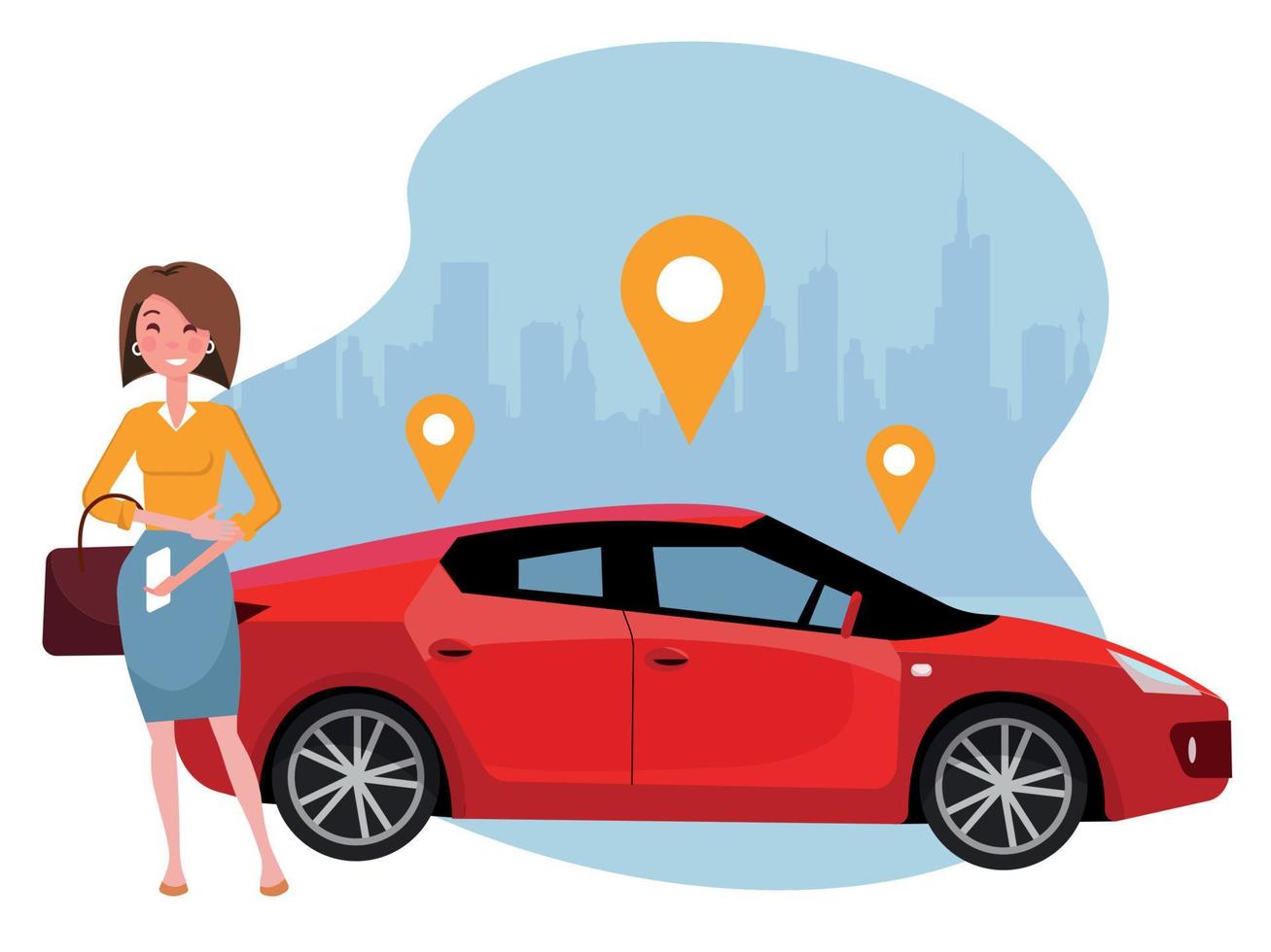 vrouw met smartphone staand in de buurt auto. huur een auto gebruik makend van mobiel app. online auto delen concept. sport rood auto Aan achtergrond van silhouet van stad en geolocatie teken.vector vlak tekenfilm illustratie vector