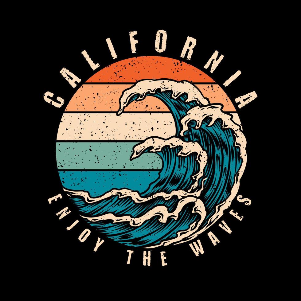 Californië retro t-shirt ontwerp met golven, vector illustratie.