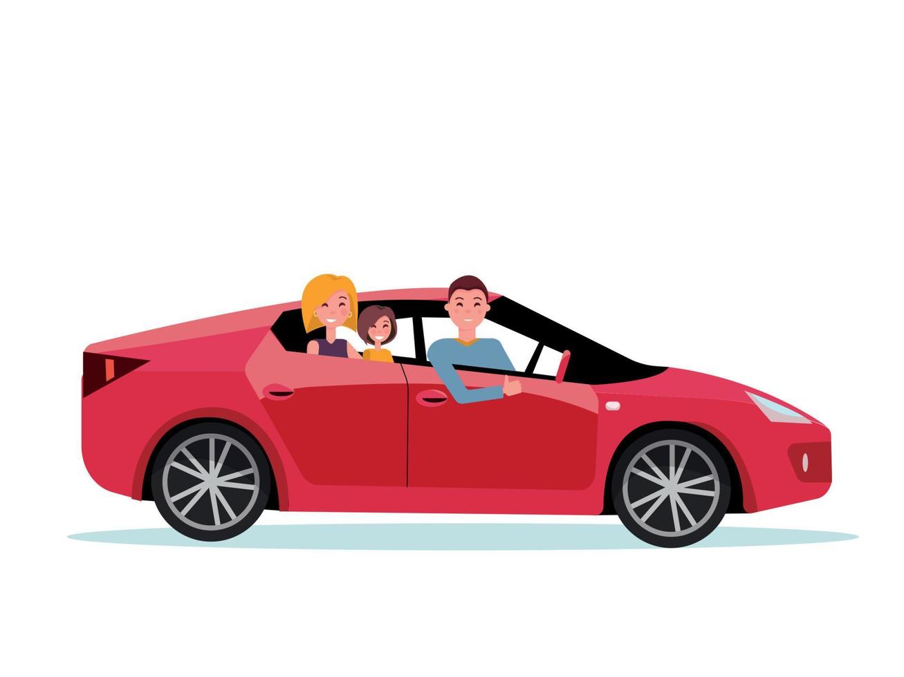 glimlachen familie binnen hun nieuw rood auto. bestuurder Bij de wiel van auto. mam en dochter zijn zittend in terug stoel. kant visie van sport- auto. Mens tonen duim omhoog gebaar. vector vlak tekenfilm illustratie