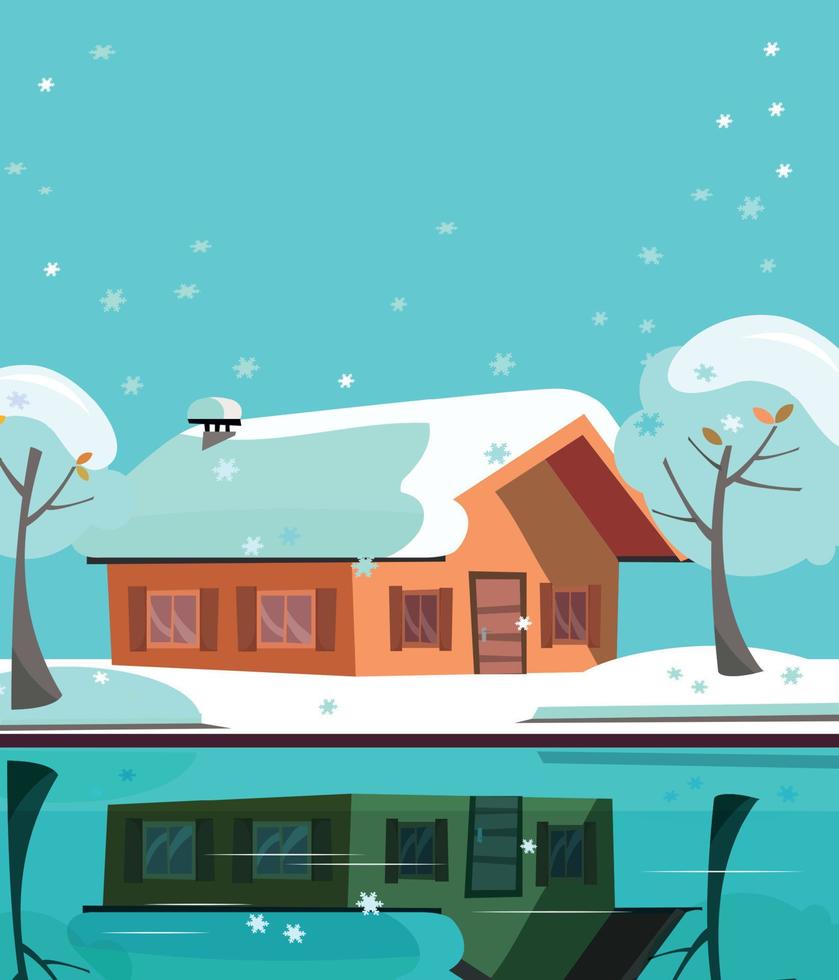 gekleurde land huis Aan meer. facade van gebouw is weerspiegeld in oppervlakte van water. vlak tekenfilm vector illustratie van winter voorstad landskape met privaat huis, besneeuwd bomen. een verhaal huis..