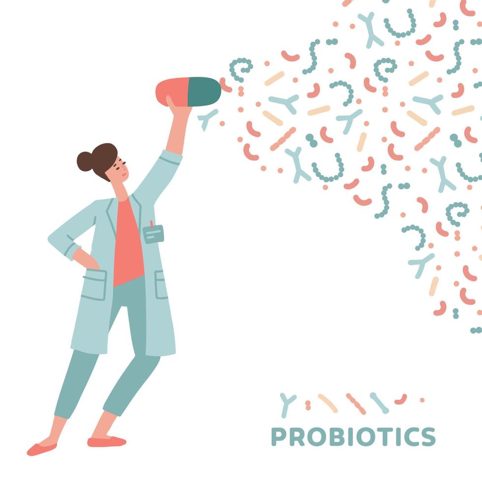 vrouw dokter Holding probiotica capsule. concept probiotisch, dysbacteriose, darm microflora, microbioom, microbiota, problemen met spijsvertering en immuniteit. hand- getrokken vlak vector illustratie