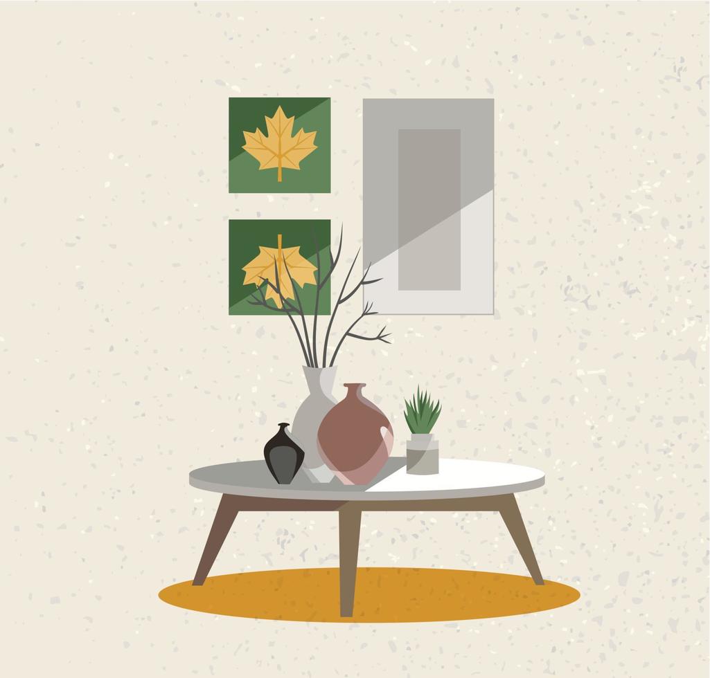 illustratie van een interieur groep. een tafel Aan poten met een klei vazen, binnen- planten en posters Aan de muur. beige muur met ruw textuur. vlak tekenfilm stijl vector illustratie.