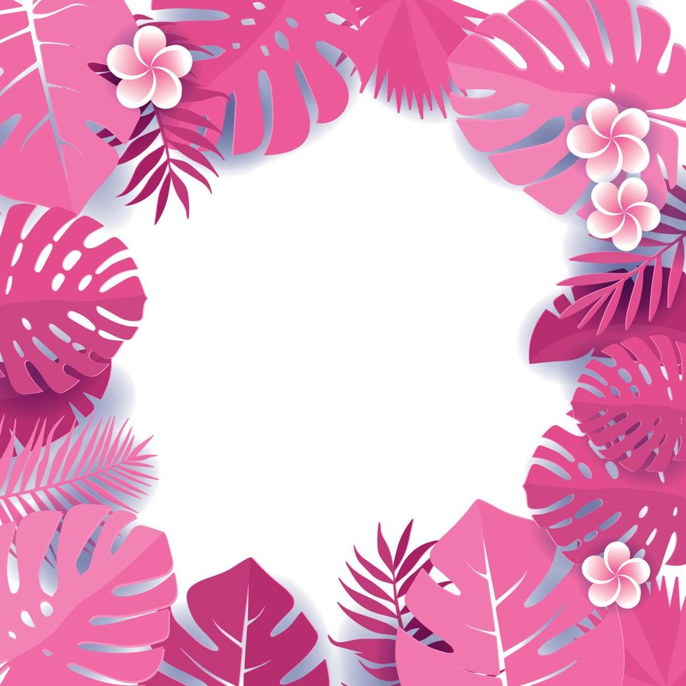 achtergrond van roze palm bladeren. kader van tropisch monstera bladeren met frangipani bloemen. tropisch groet kaart in papier besnoeiing stijl. oerwoud met palm bomen, blad vector illustratie