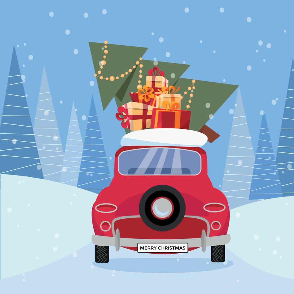 vlak vector tekenfilm illustratie van retro auto met presenteert, Kerstmis boom Aan dak. weinig rood auto draag- geschenk dozen. voertuig rug, auto achterzijde visie versierd met wiel. winter besneeuwd Woud in de omgeving van
