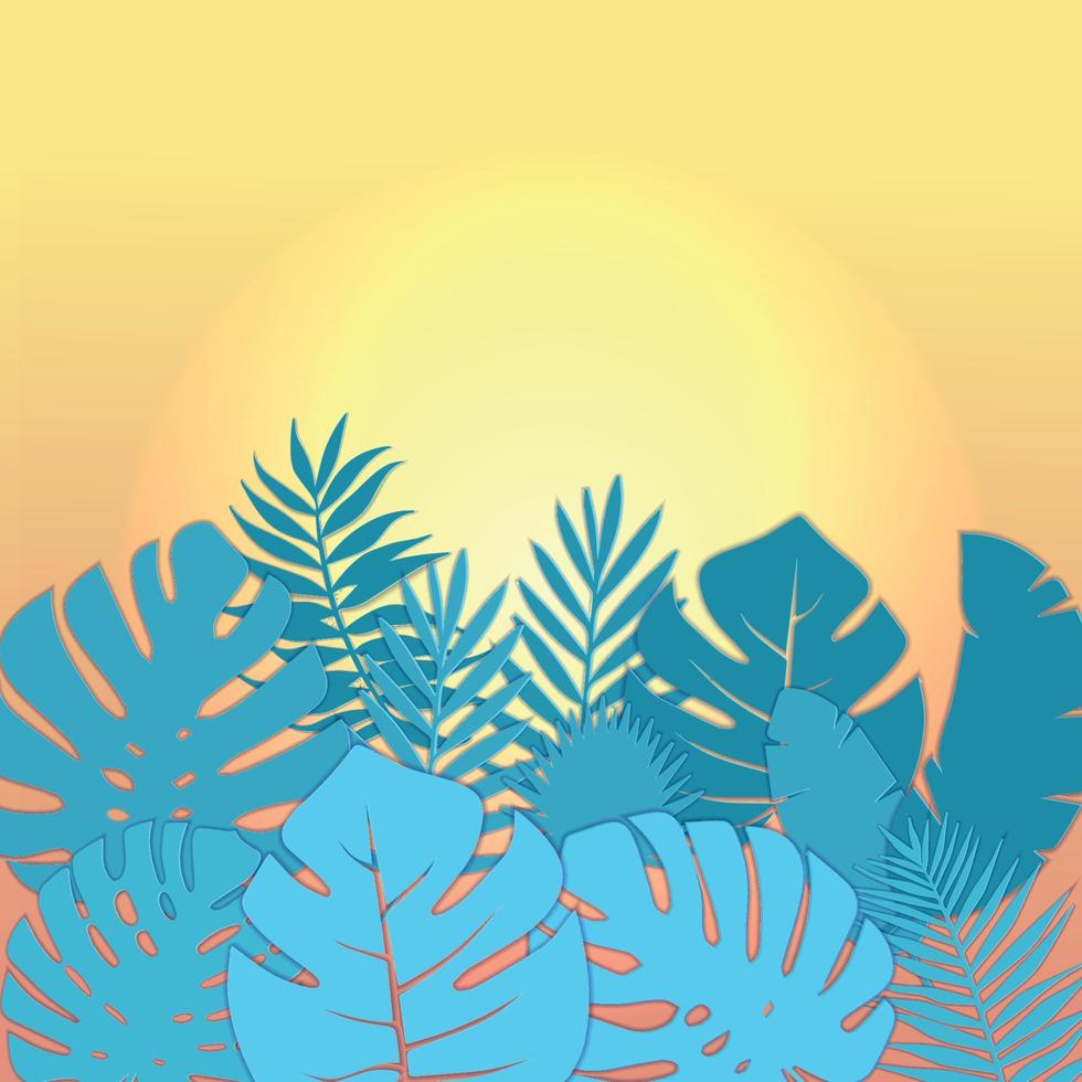 plein zomer uitverkoop banier ontwerp met papier besnoeiing tropisch palm bladeren achtergrond met vrij ruimte fot tekst. vector illustratie. exotisch hawaiiaans monstera oerwoud bloemen Woud. papercut reizen lay-out