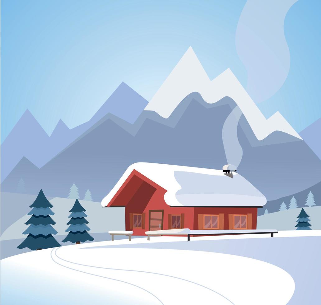 winter besneeuwd landschap met bergen en hout log land huis, sparren, sparren, besneeuwd natuur, zonnig het weer. Kerstmis seizoen kaart. vlak tekenfilm stijl vector illustratie in blauw kleuren.