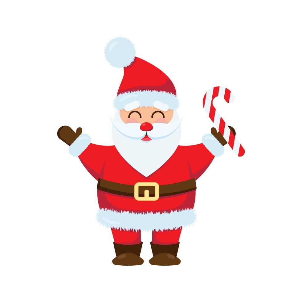 schattig de kerstman claus met een gestreept riet verheven zijn handen omhoog. vector illustratie