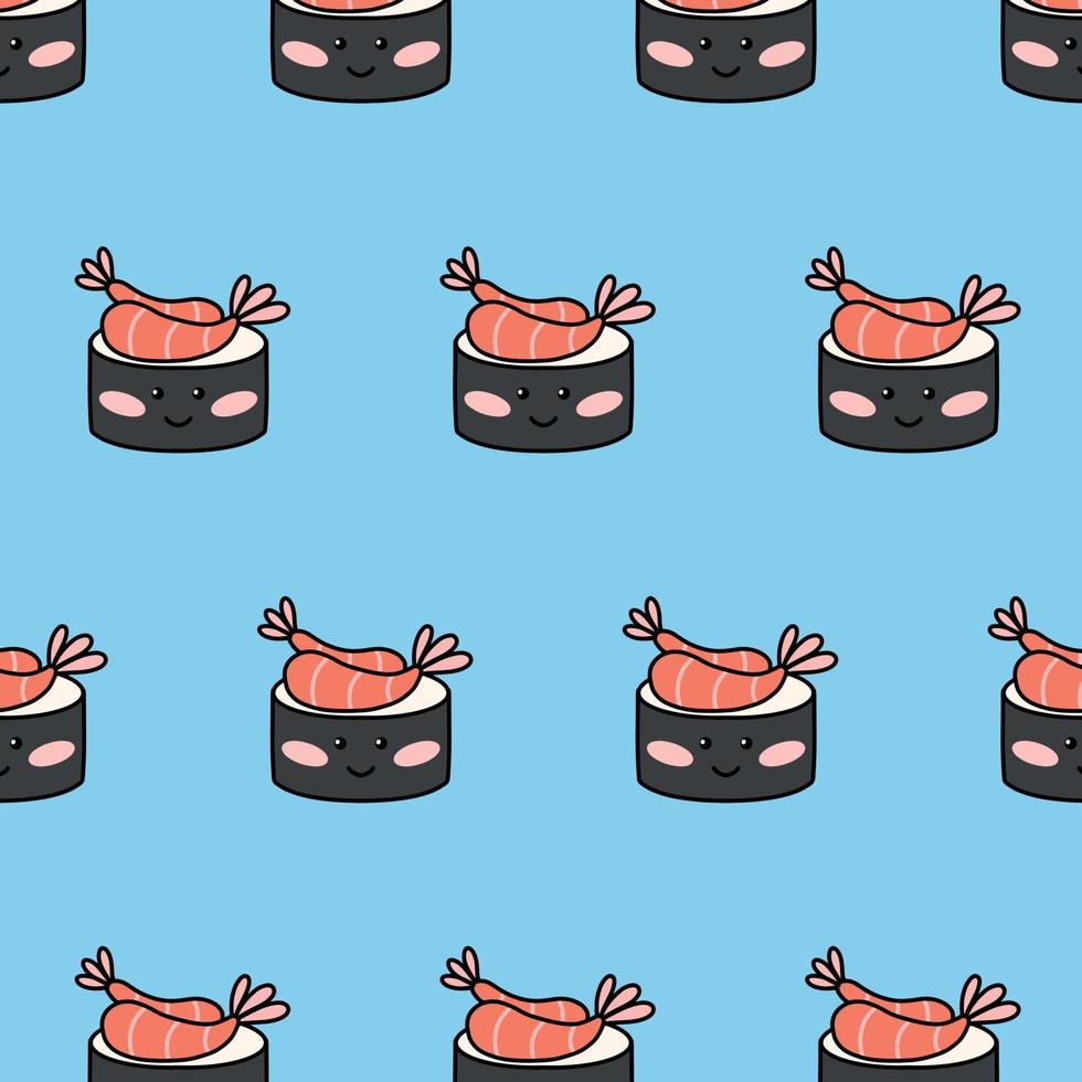 naadloos patroon met grappig sushi in kawaii stijl. vector illustratie . tekenfilm stijl. afdrukken met sushi karakter.