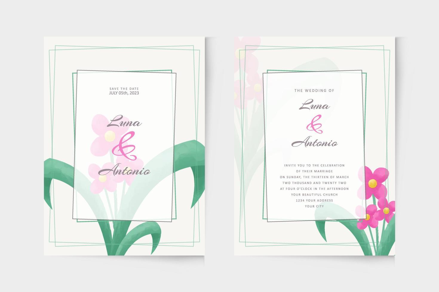 aquarel eenvoudige roze bloemen bruiloft uitnodiging sjabloon vector