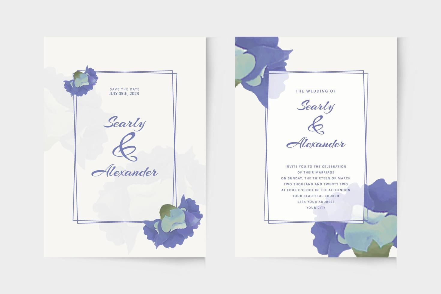 modern huwelijksuitnodigingssjabloon met blauw bloemenwaterverfornament vector