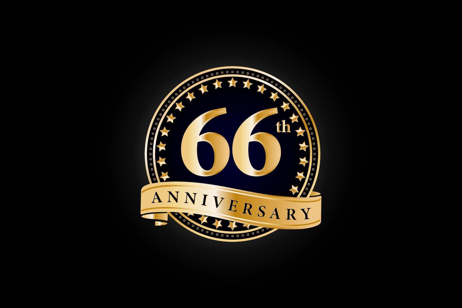 66e verjaardag gouden goud logo met ring en goud lint geïsoleerd Aan zwart achtergrond, vector ontwerp voor viering.