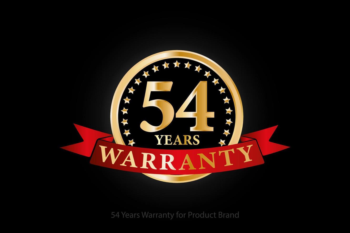 54 jaren gouden garantie logo met ring en rood lint geïsoleerd Aan zwart achtergrond, vector ontwerp voor Product garantie, garantie, onderhoud, zakelijk, en uw bedrijf.