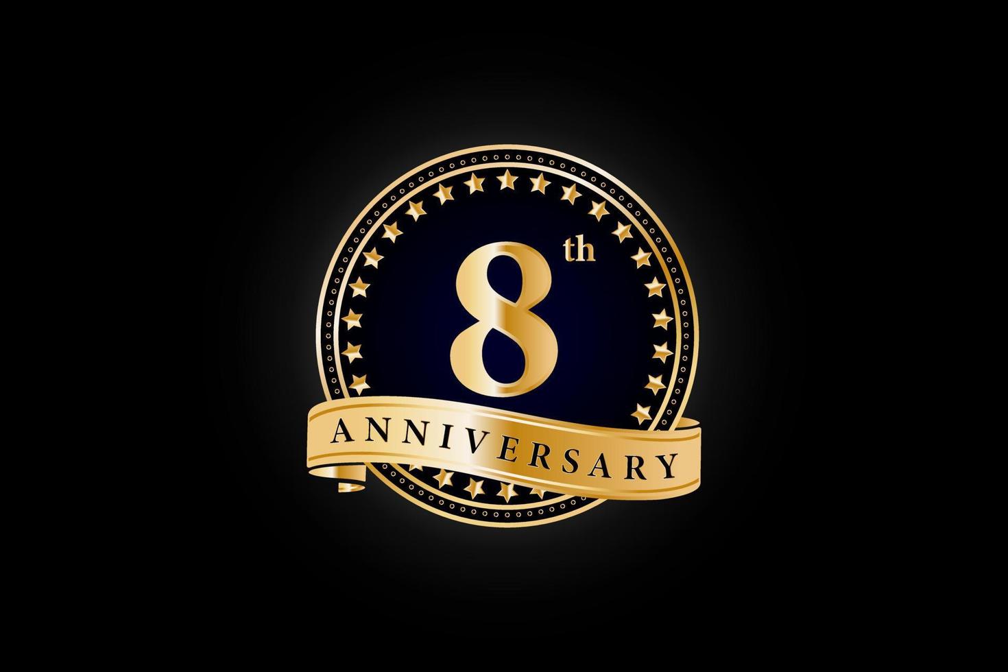 8e verjaardag gouden goud logo met goud ring en lint geïsoleerd Aan zwart achtergrond, vector ontwerp voor viering.