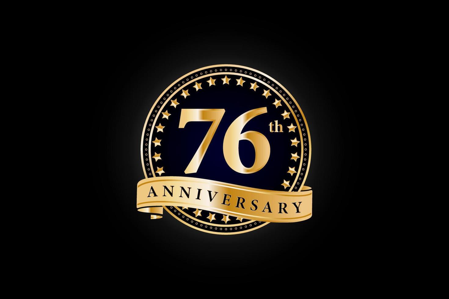76ste verjaardag gouden goud logo met ring en goud lint geïsoleerd Aan zwart achtergrond, vector ontwerp voor viering.