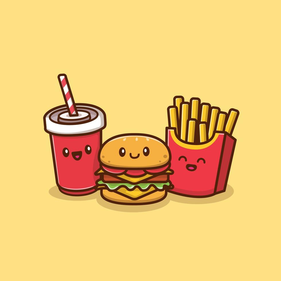 schattig hamburger met Frisdrank en Frans Patat tekenfilm vector icoon illustratie. voedsel en drinken icoon concept geïsoleerd premie vector. vlak tekenfilm stijl