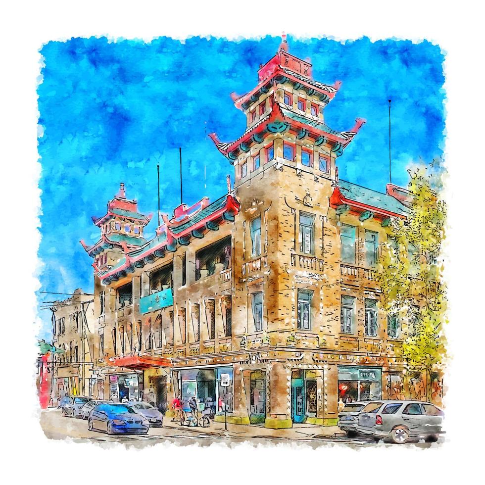 architectuur Chinatown waterverf schetsen hand- getrokken illustratie vector