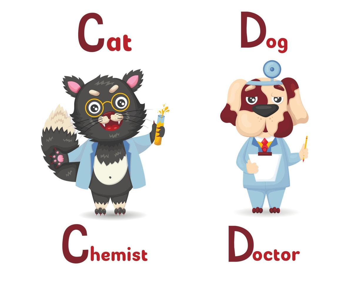 Latijns alfabet abc dier beroepen beginnend met d hond dokter en brief c kat chemicus in tekenfilm stijl. vector