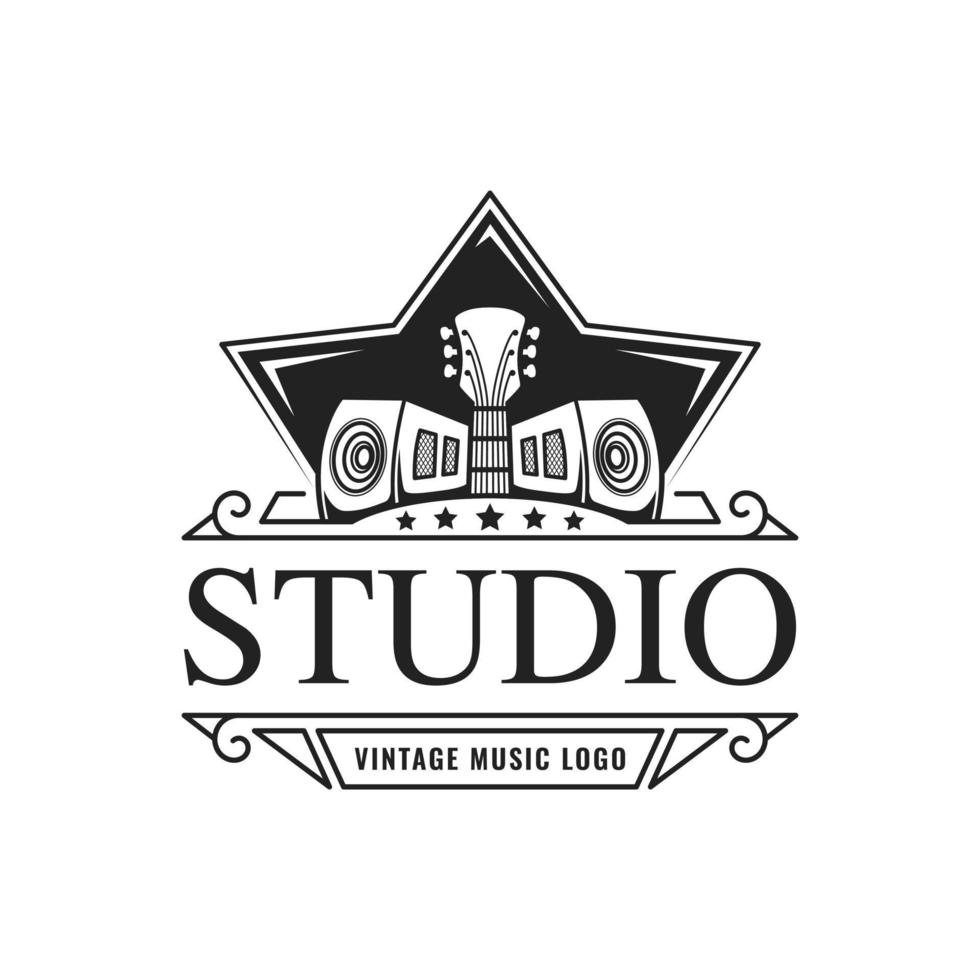 gitaar icoon, ster, salon luidsprekers wijnoogst retro illustratie vector voor muziek- studio logo ontwerp sjabloon