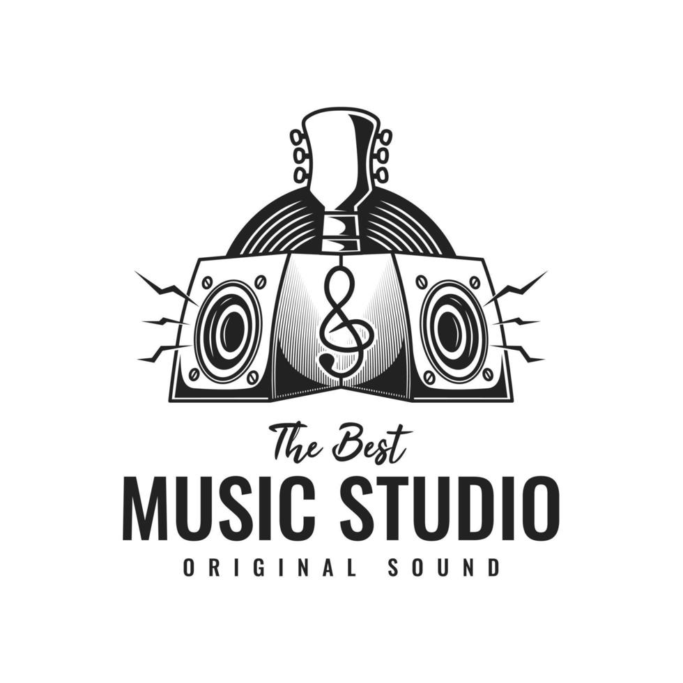gitaar, vinyl dossier, salon luidsprekers wijnoogst retro illustratie vector voor muziek- studio logo ontwerp sjabloon