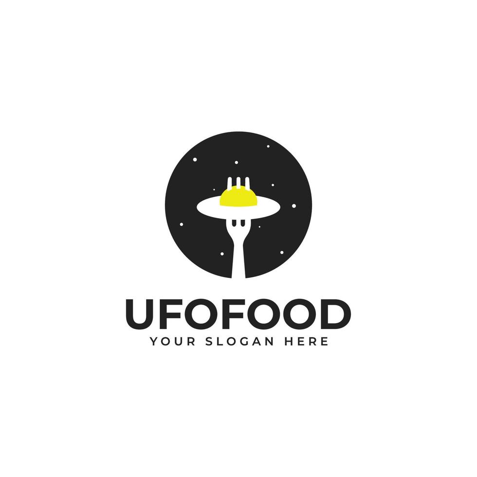 voedsel logo concept voor cafe of restaurant met omelet of gebakken ei, vork, ufo vector