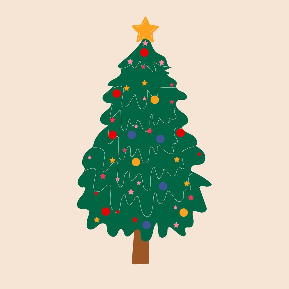 Kerstmis boom in tekenfilm stijl vector illustratie. versierd groen sparren met geschenk dozen, Kerstmis ster, ballen, snoepjes en lichten. gelukkig nieuw jaar concept