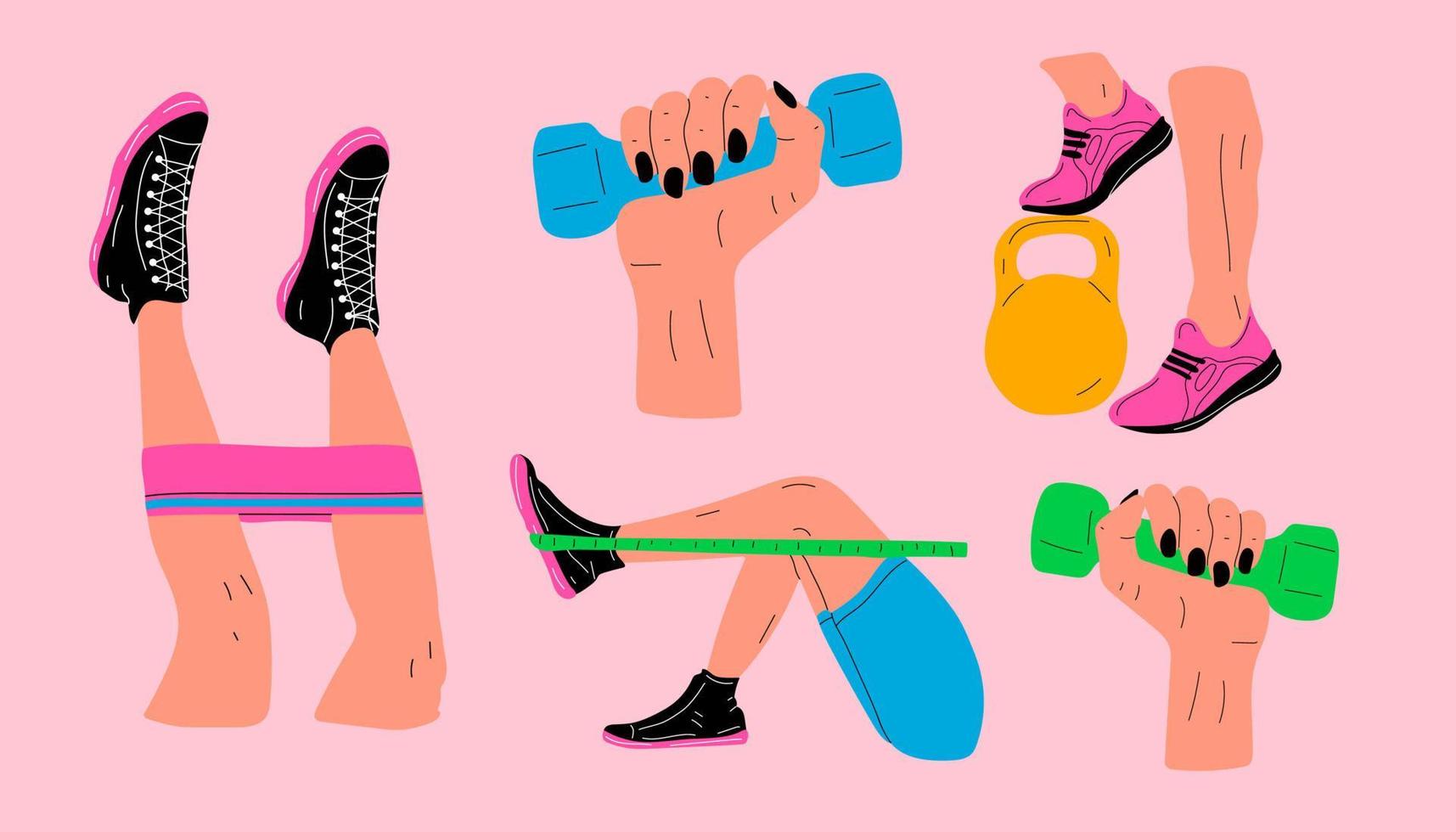 reeks geschiktheid opdrachten met een rubber band, Kettlebell, halter.sport revolutie concept. vector kleurrijk illustratie in tekenfilm stijl.