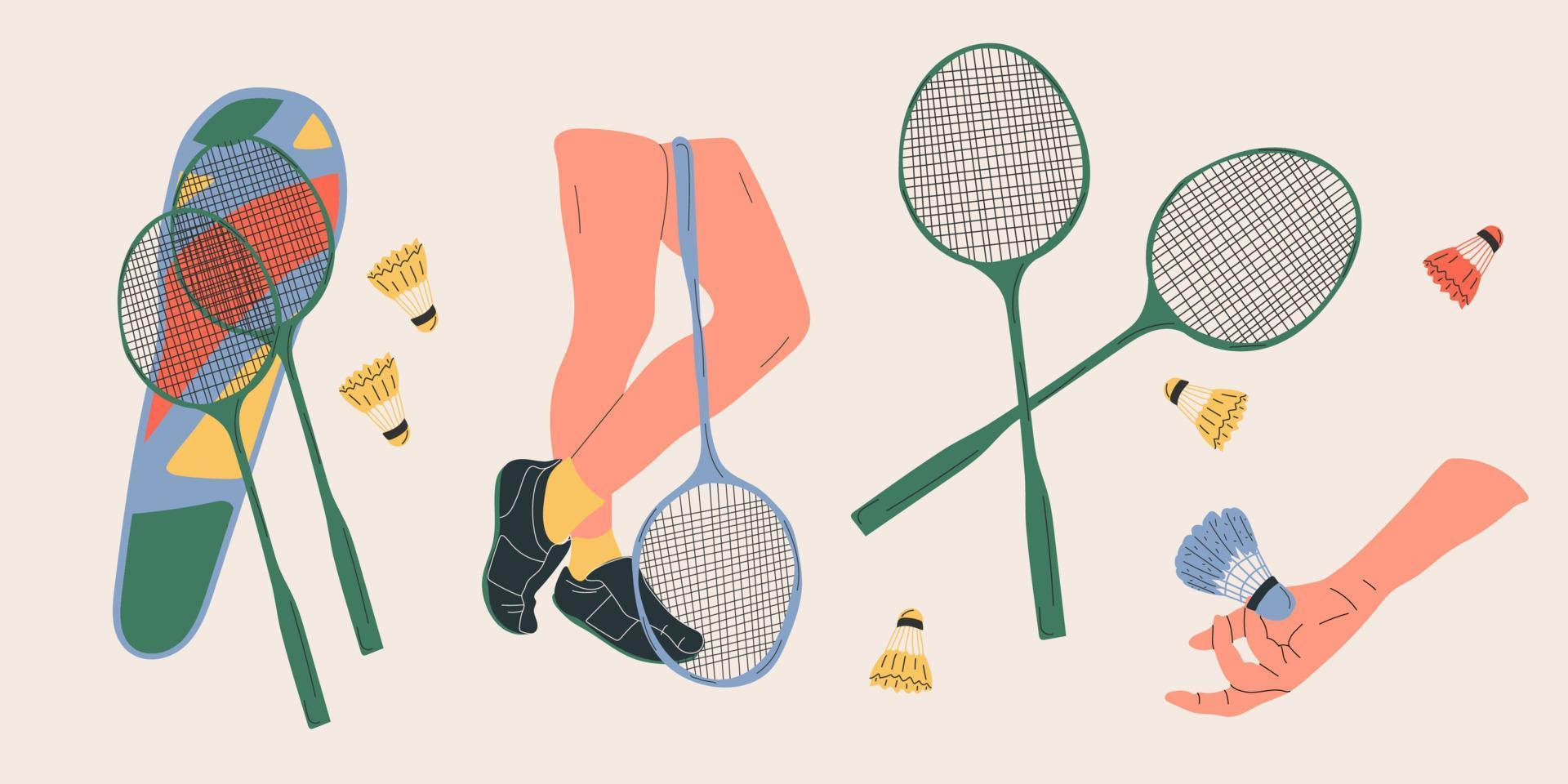 reeks badminton racket en shuttles Aan wit achtergrond. uitrustingen voor badminton spel sport. vector illustratie