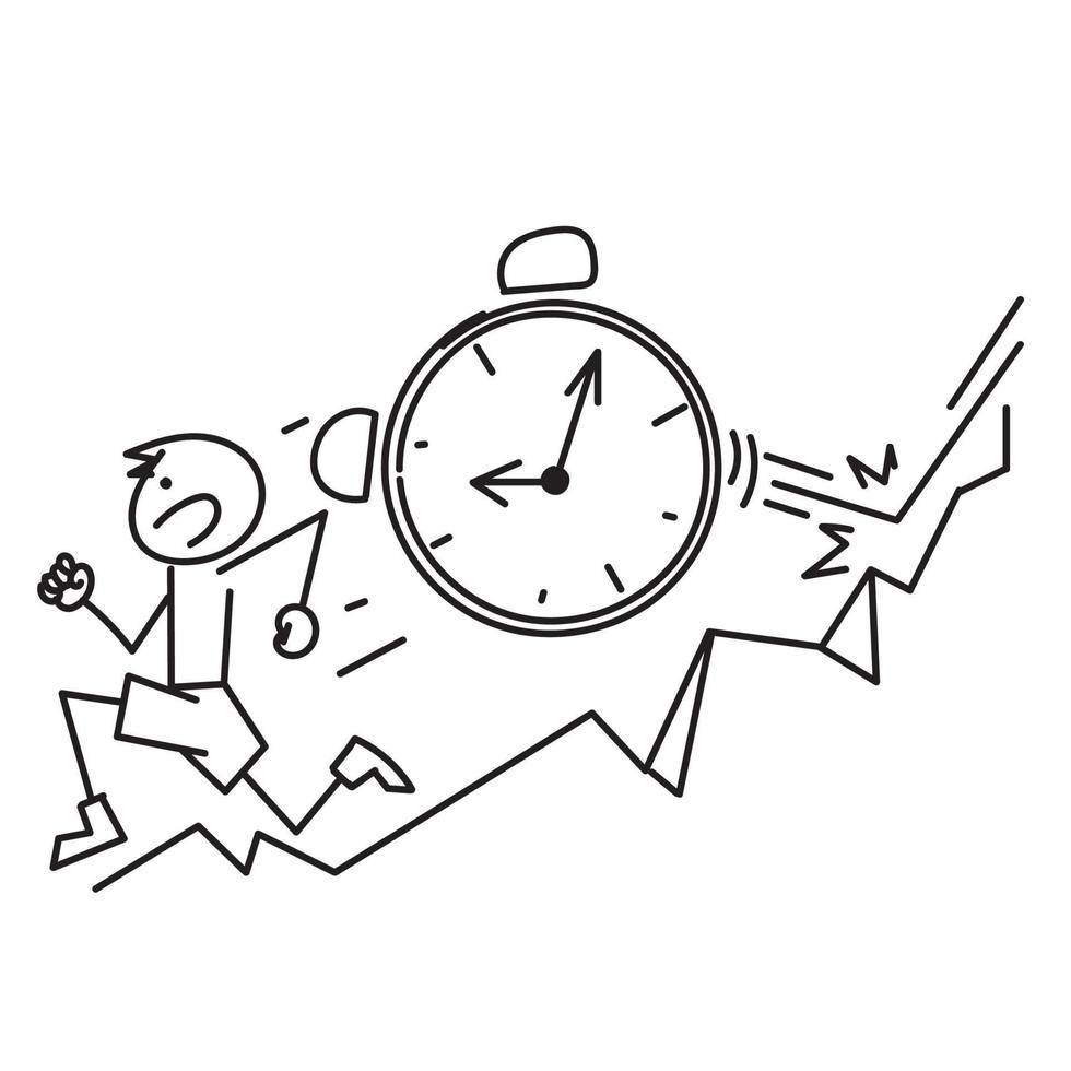 hand- getrokken tekening mensen achtervolgd door tijd of klok symbool voor deadline illustratie vector