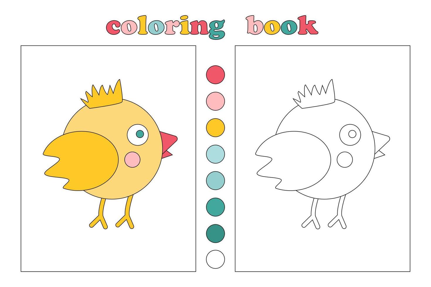 kleur boek voor kinderen, tekenfilm weinig geel kip voor kleuren. schattig illustraties met bijschriften en kleur palet. wij trek en Speel met kinderen. onderwijs van kinderen vector