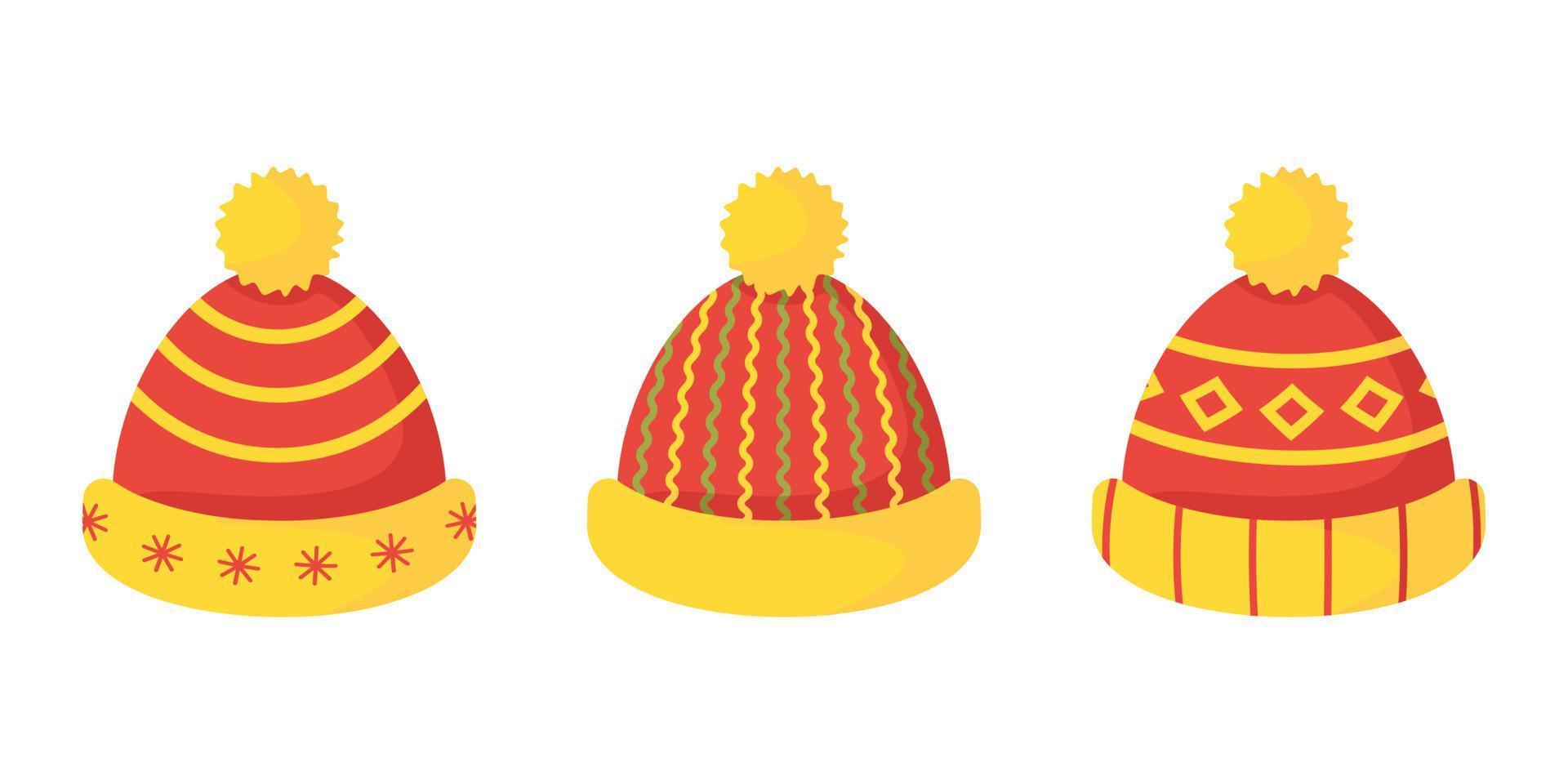 sport, in de mode, stijlvol, winter, herfst warm hoeden met patronen, pom poms. hoeden voor kinderen, jeugd, Dames. winter kleren. Kerstmis accessoire. reeks van petten vector