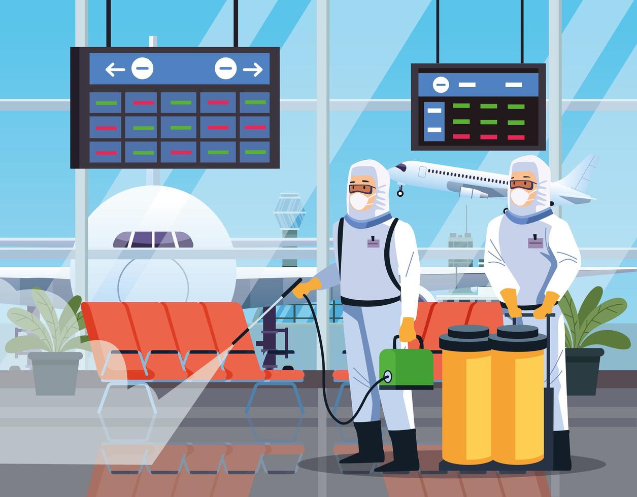 sommige bioveiligheidsmedewerkers desinfecteren de luchthaven voor coronavirus vector