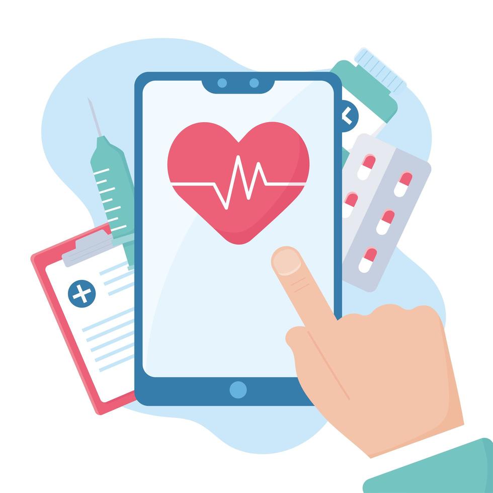 hand aanraken van een smartphonescherm met online arts en gezondheidszorg vector