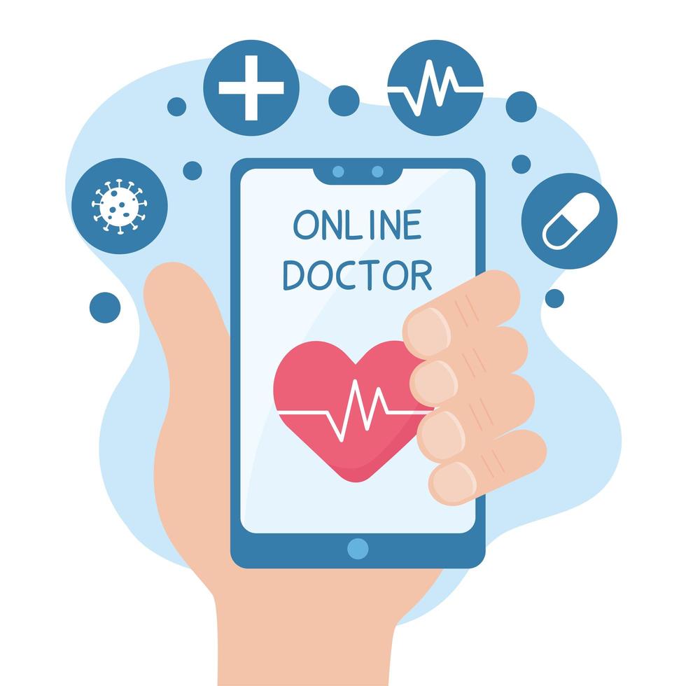hand met een smartphone met online gezondheidszorg vector